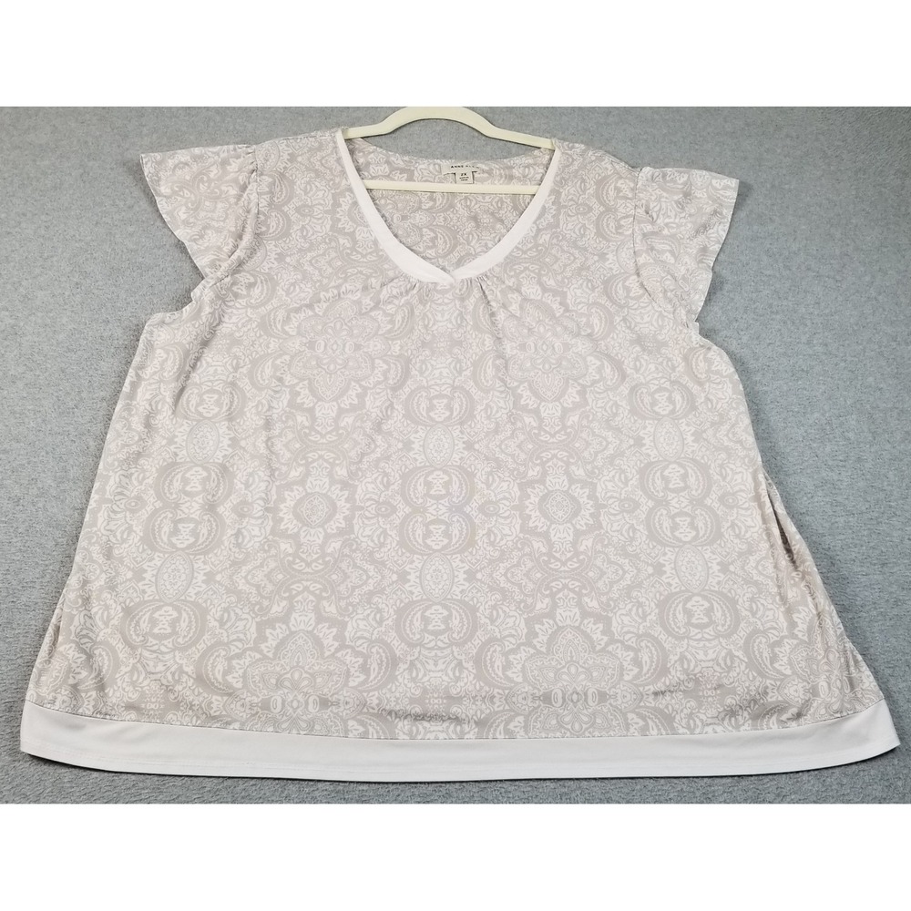 Anne Klein Top Women's 2X Plus Gray White Paisley V-Neck Flutter Sleeve Stretch